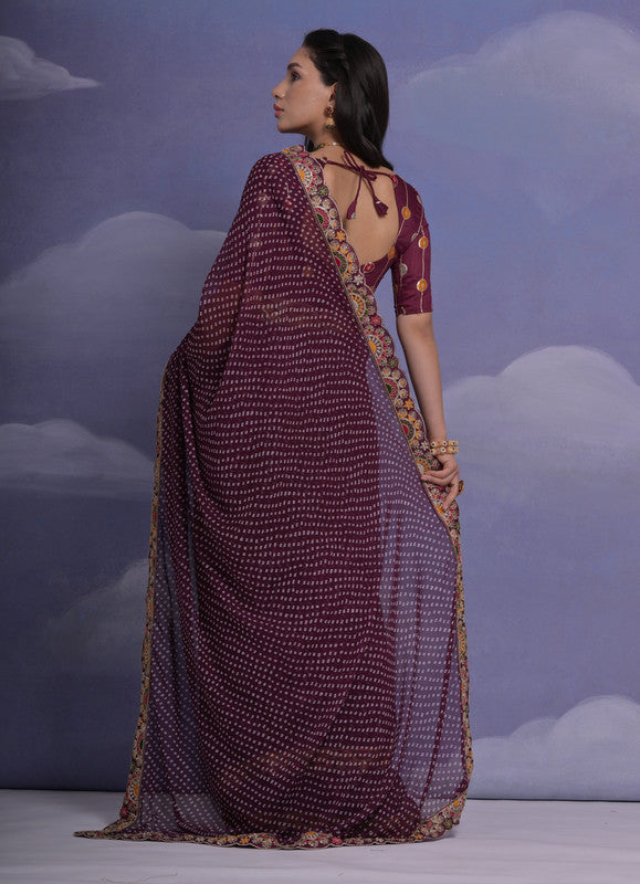 Wine Georgette Saree with Multi Dhaga Coding Sequence Work