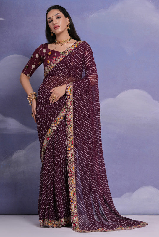 Wine-colored georgette saree with multi-dhaga and coding sequence embroidery