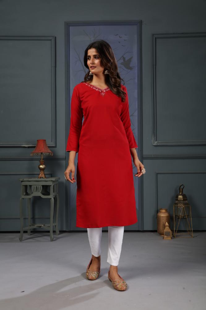 Red Cotton Handwork Designer Kurta with Pockets