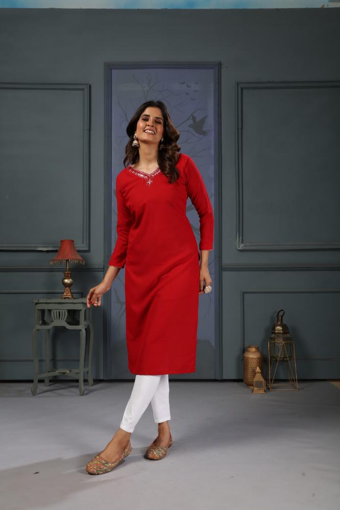 Red Cotton Handwork Designer Kurta with Pockets