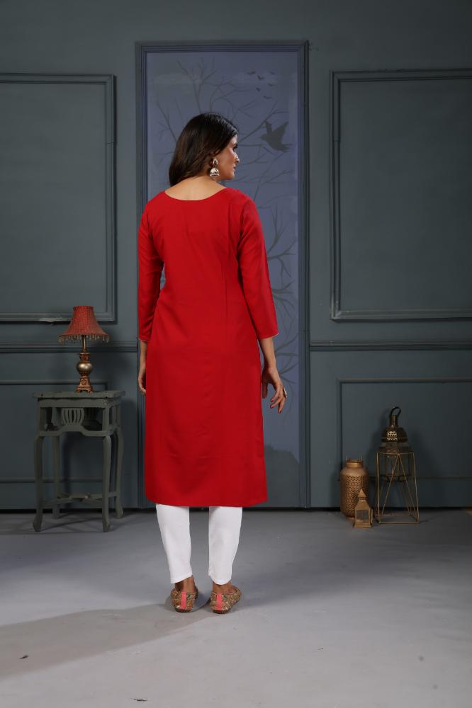 Red Cotton Handwork Designer Kurta with Pockets