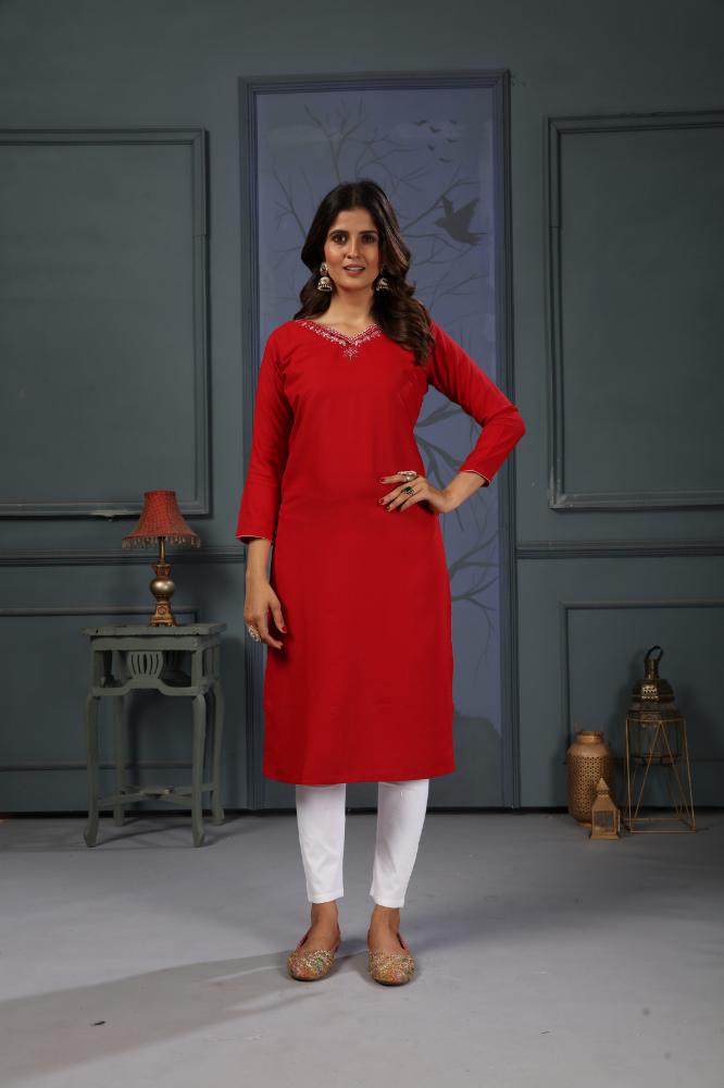 Red cotton designer kurta with artisan handwork detailing and side pockets