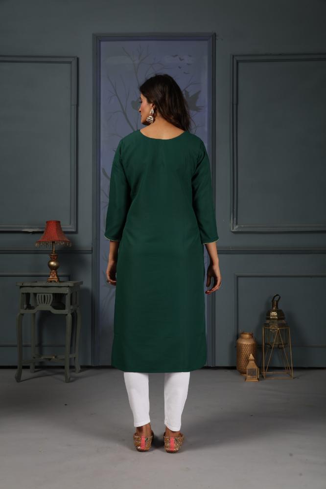 Women's Green Cotton Handwork Designer Kurta with Utility Pockets