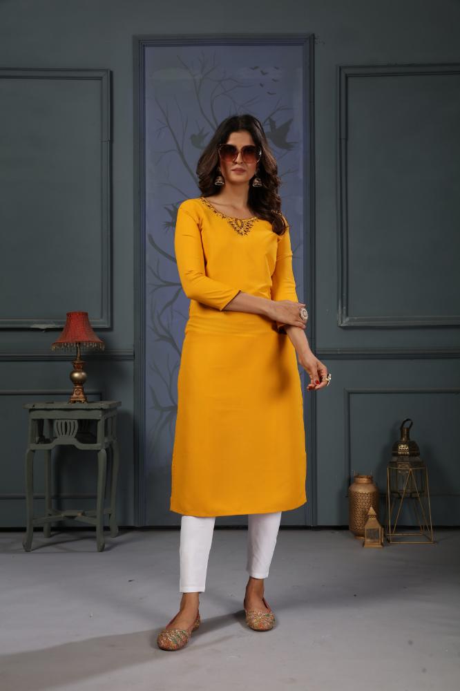 Jyoti Fashion Women's Yellow Cotton Handwork Designer Kurta Only