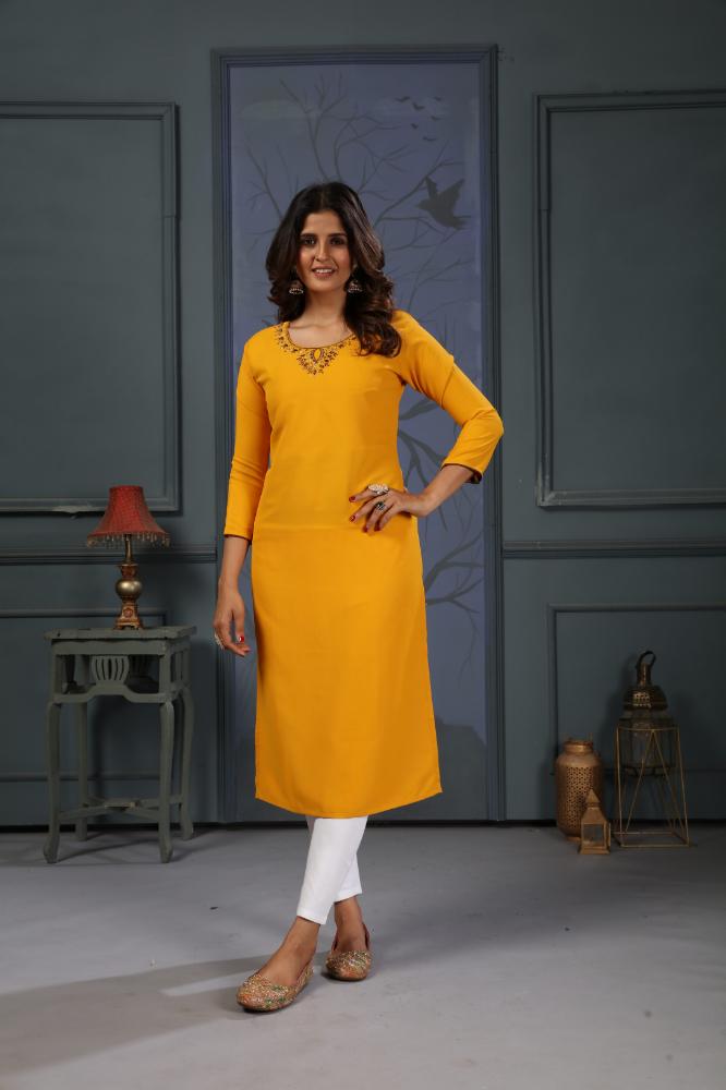Jyoti Fashion Women's Yellow Cotton Handwork Designer Kurta Only