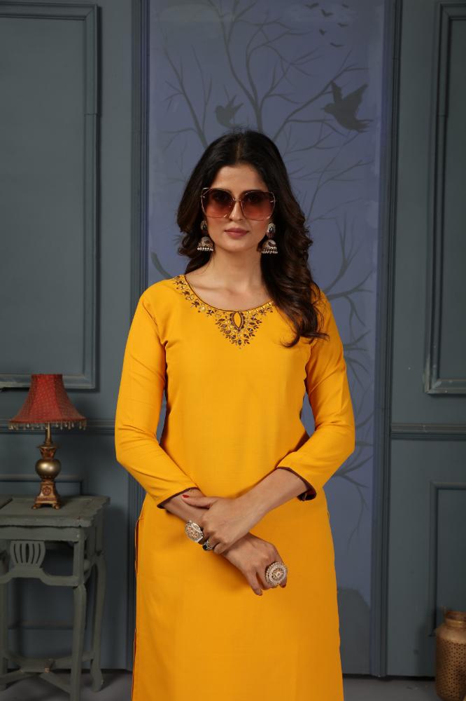 Jyoti Fashion Women's Yellow Cotton Handwork Designer Kurta Only