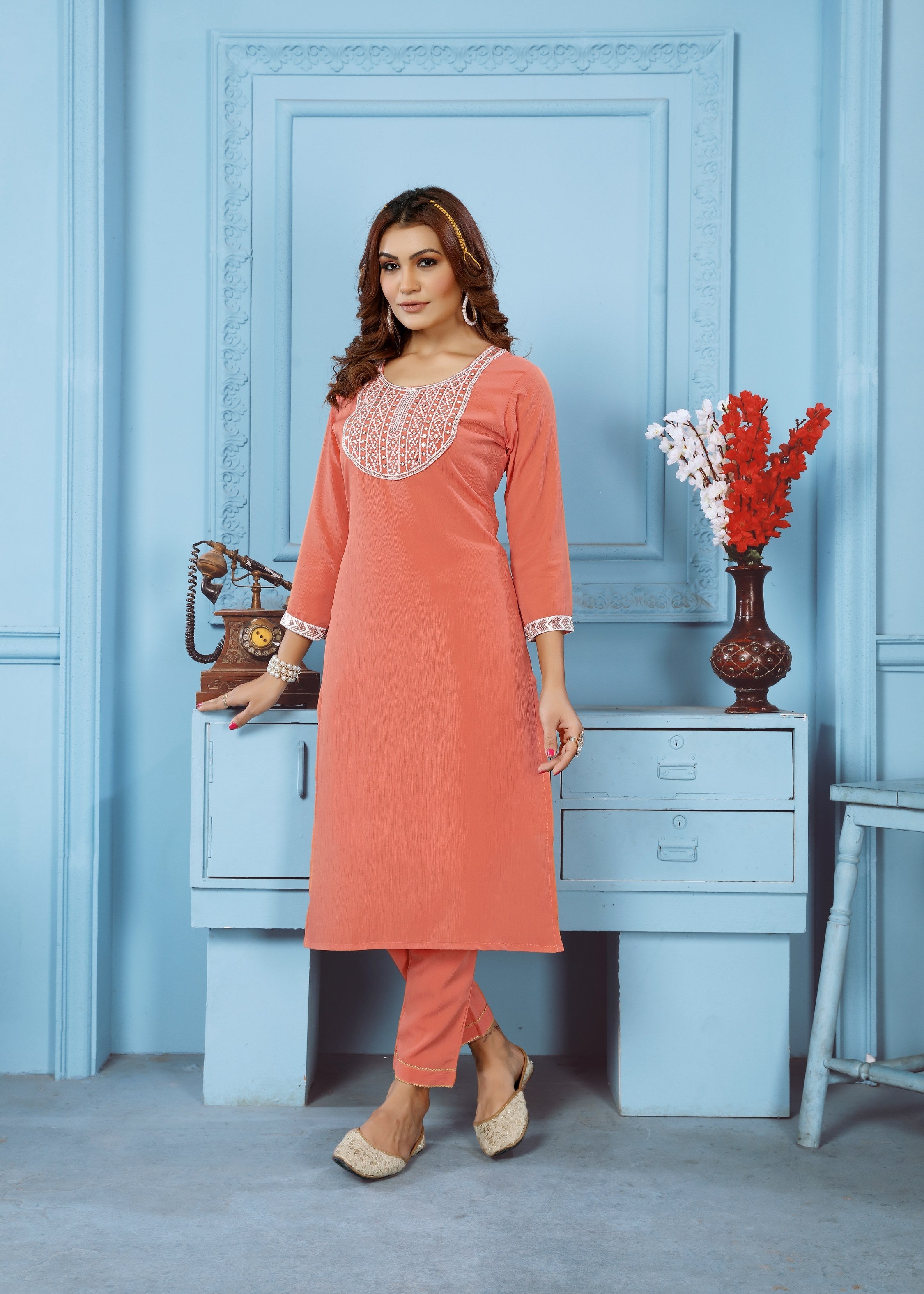 Women's Orange Rinkal Cotton Embroidered Designer Kurta Set