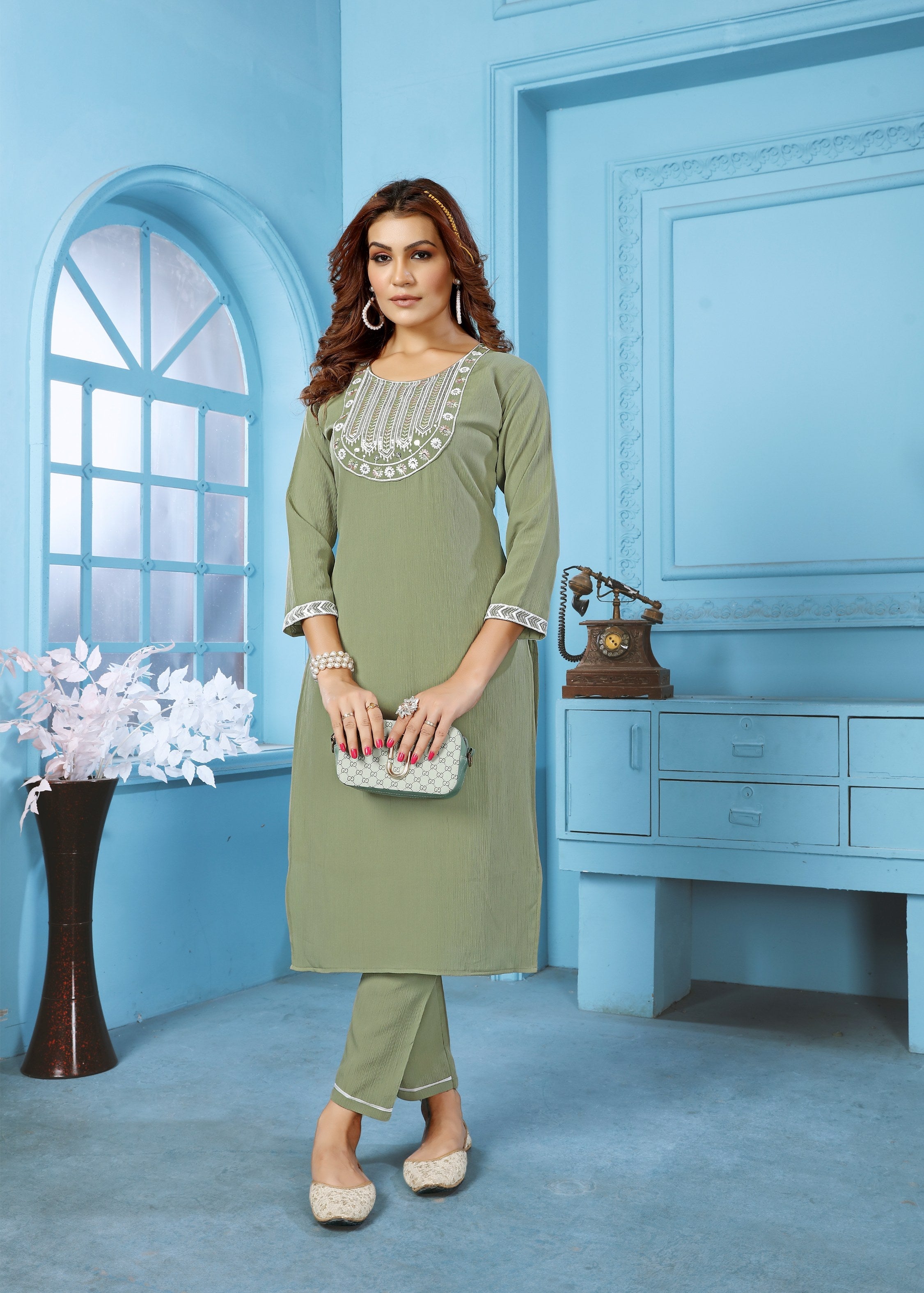 Jyoti Fashion Women's Green Rinkal Cotton Embroidered Designer Kurta with Bottom