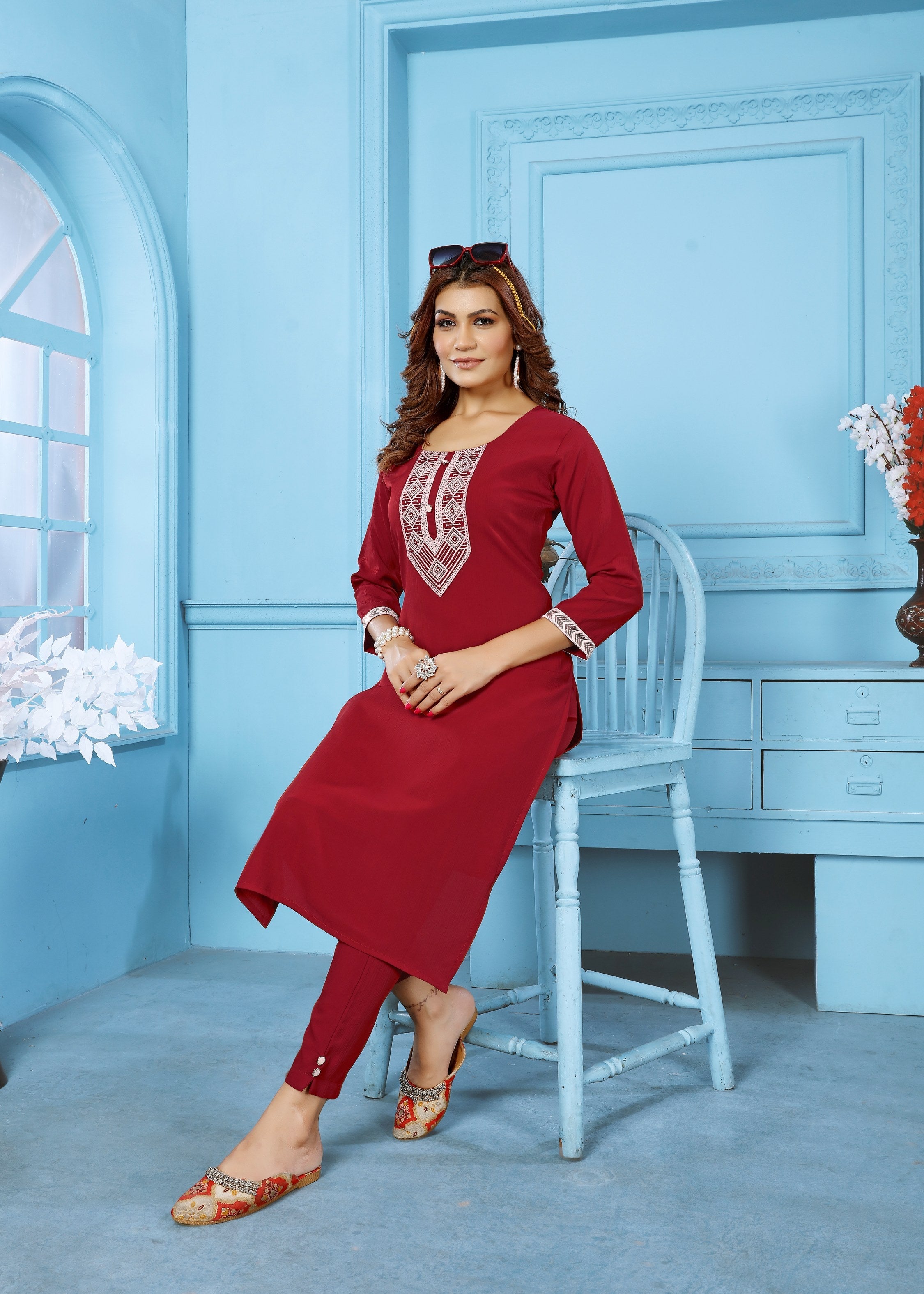 Maroon Rinkal Cotton Embroidered Kurta Set with Matching Bottom