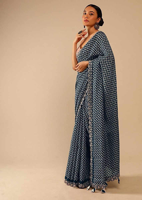 Grey Chinon Saree with Coding Sequence Work and Matching Blouse