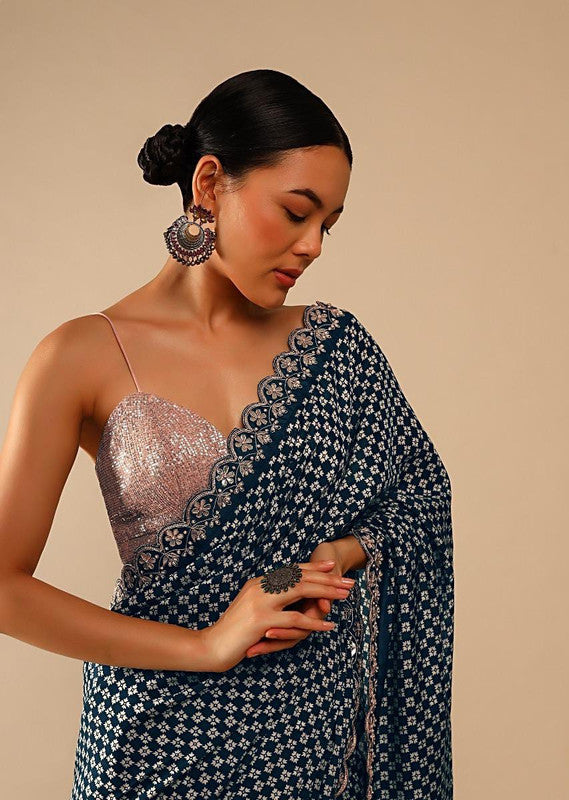 Grey Chinon Saree with Coding Sequence Work and Matching Blouse