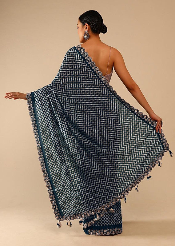 Grey Chinon Saree with Coding Sequence Work and Matching Blouse