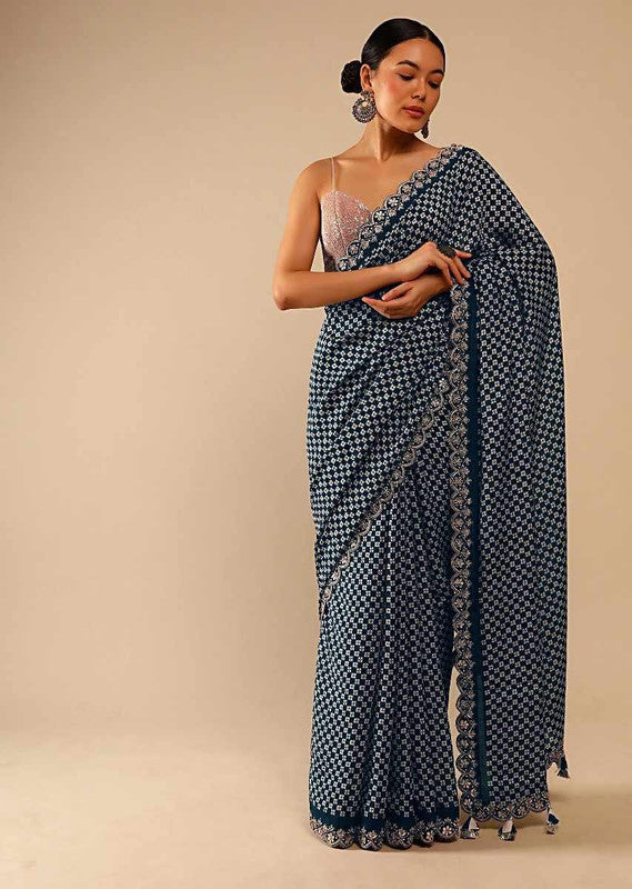 Elegant grey chinon saree with coding sequence embroidery and matching blouse.