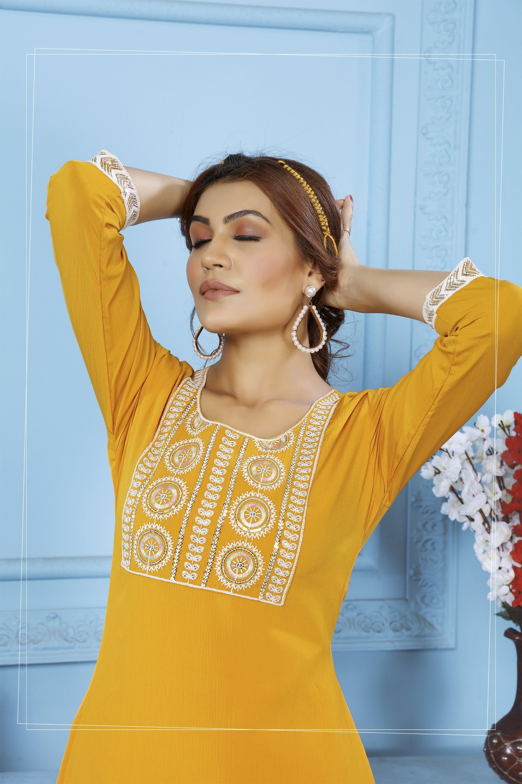 Women's Yellow Rinkal Cotton Embroidered Kurta with Bottom