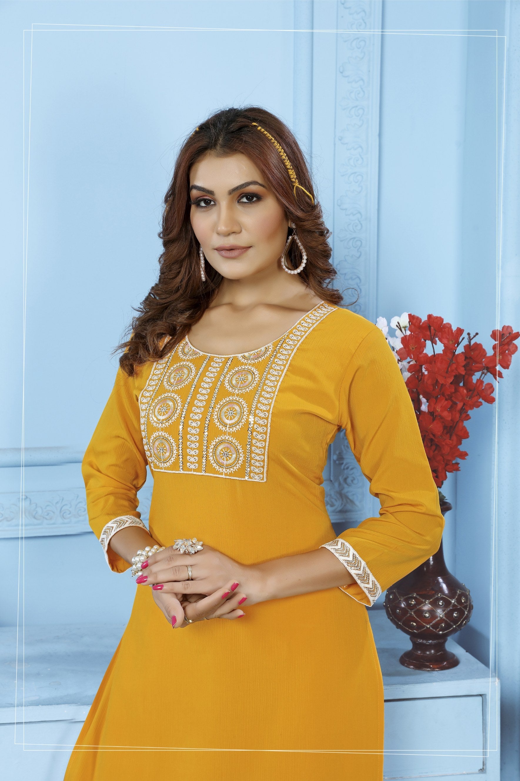 Women's Yellow Rinkal Cotton Embroidered Kurta with Bottom