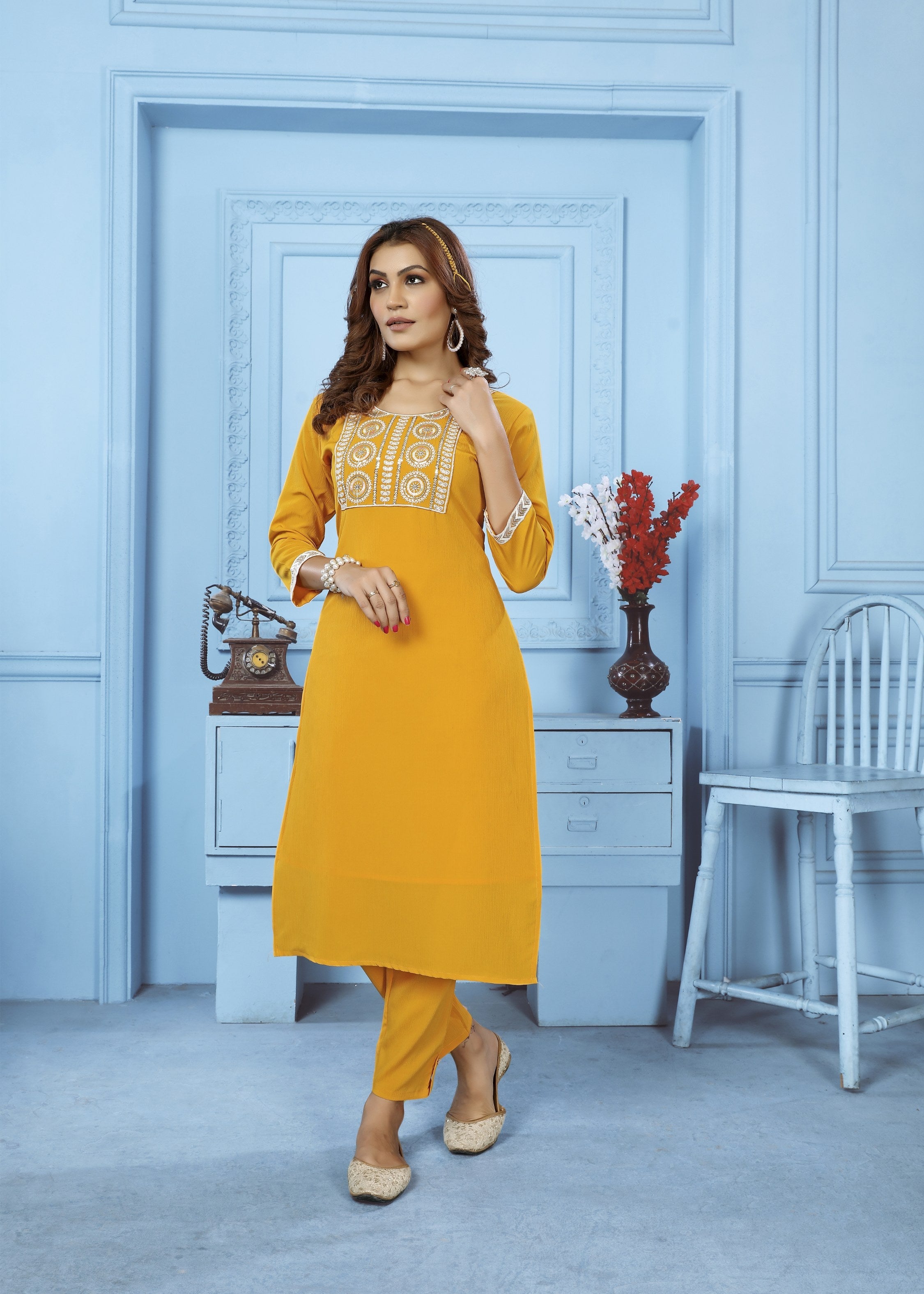 Women's Yellow Rinkal Cotton Embroidered Kurta with Bottom