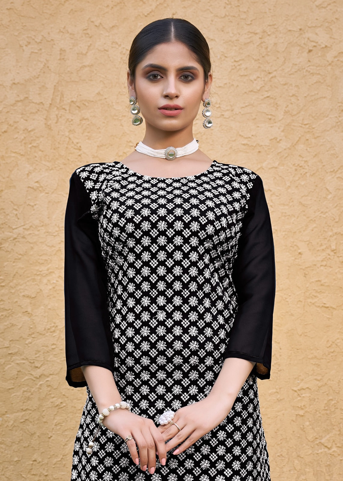 Women's Black Faux Georgette Chikan Embroidery Kurta with Bottom