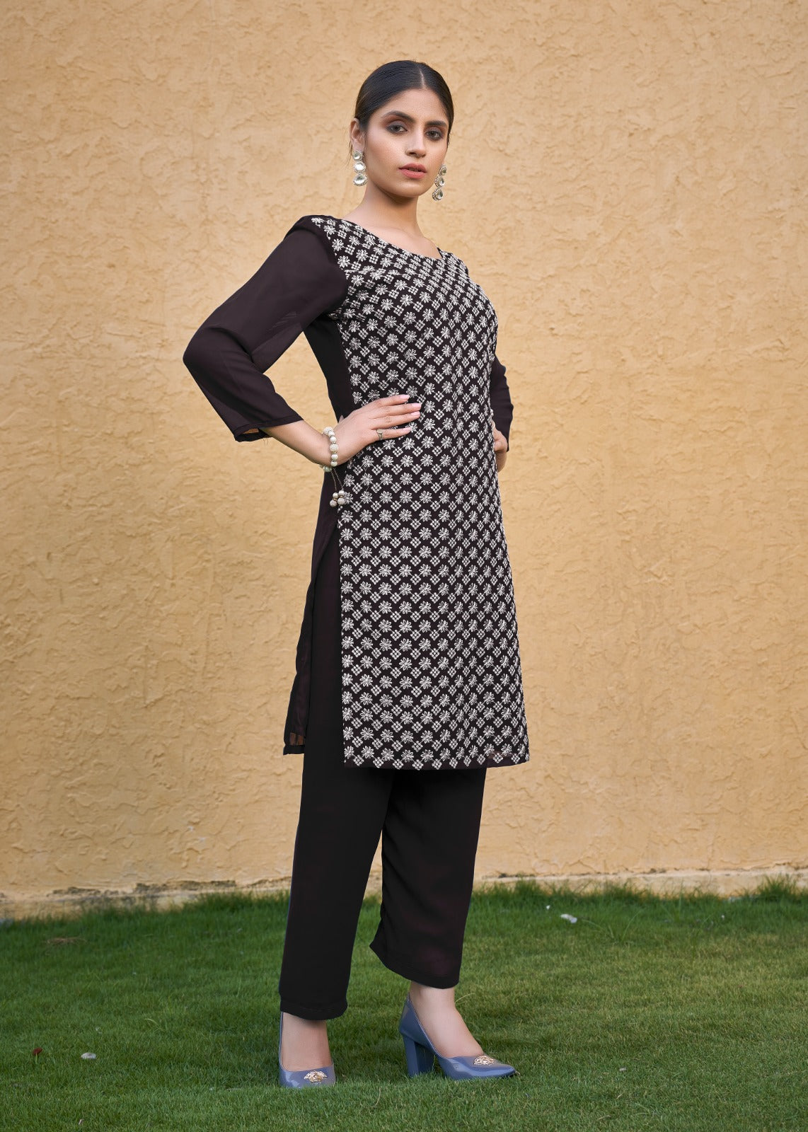 Women's Coffee Faux Georgette Chikan Embroidery Straight Kurta