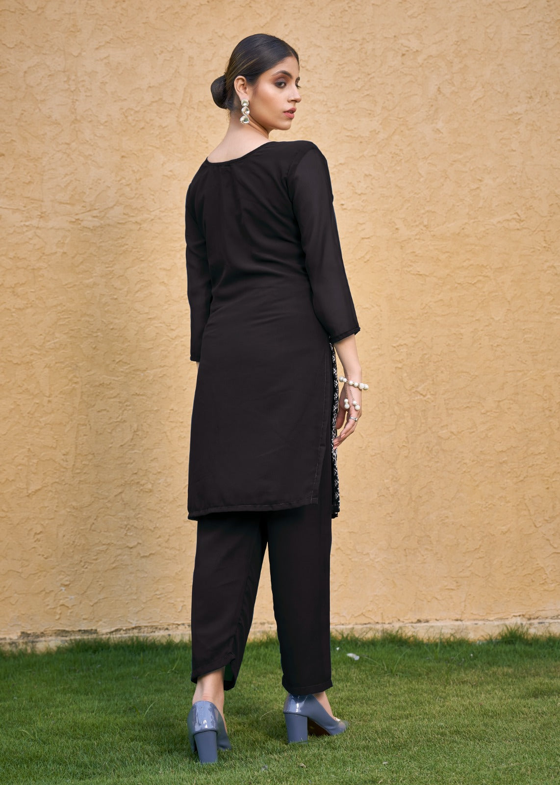 Women's Coffee Faux Georgette Chikan Embroidery Straight Kurta
