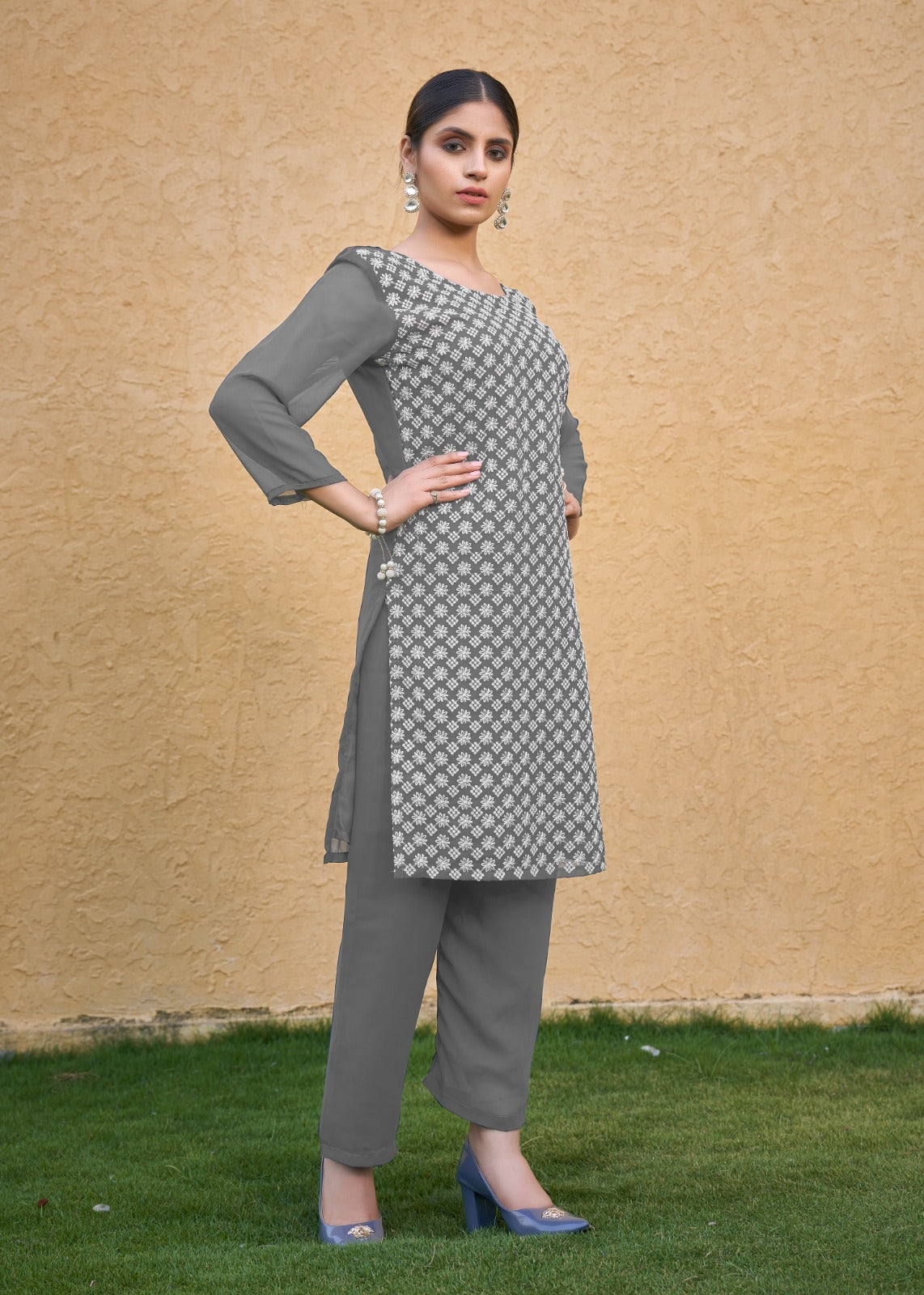 Jyoti Fashion Women's Grey Faux Georgette Chikan Embroidery Designer Kurta with Bottom