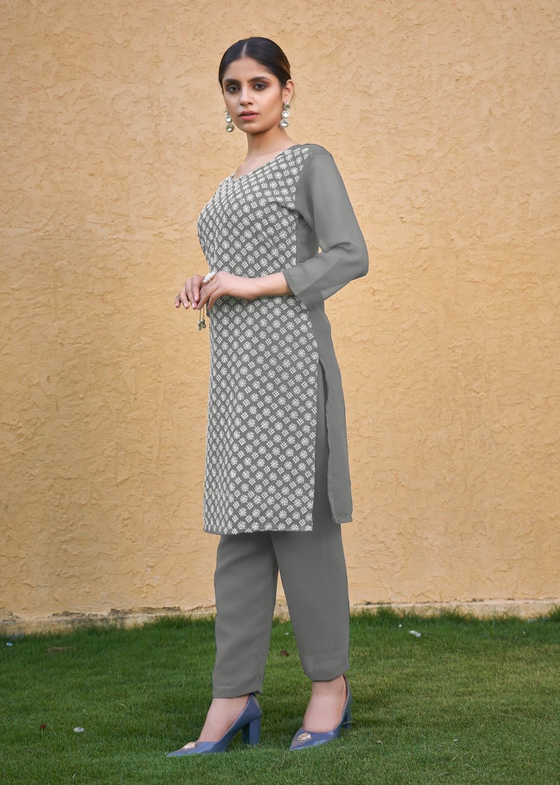 Jyoti Fashion Women's Grey Faux Georgette Chikan Embroidery Designer Kurta with Bottom