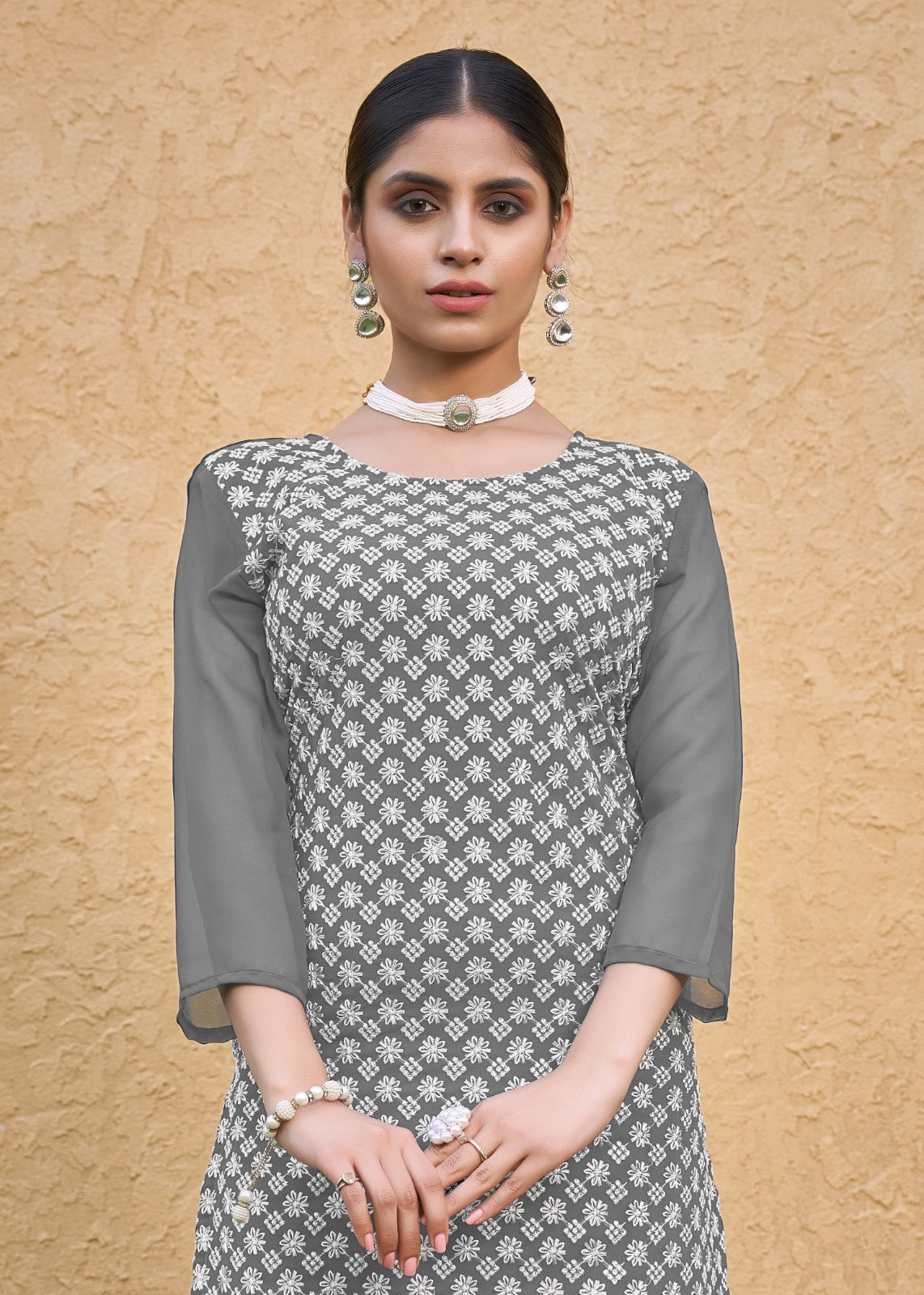 Jyoti Fashion Women's Grey Faux Georgette Chikan Embroidery Designer Kurta with Bottom