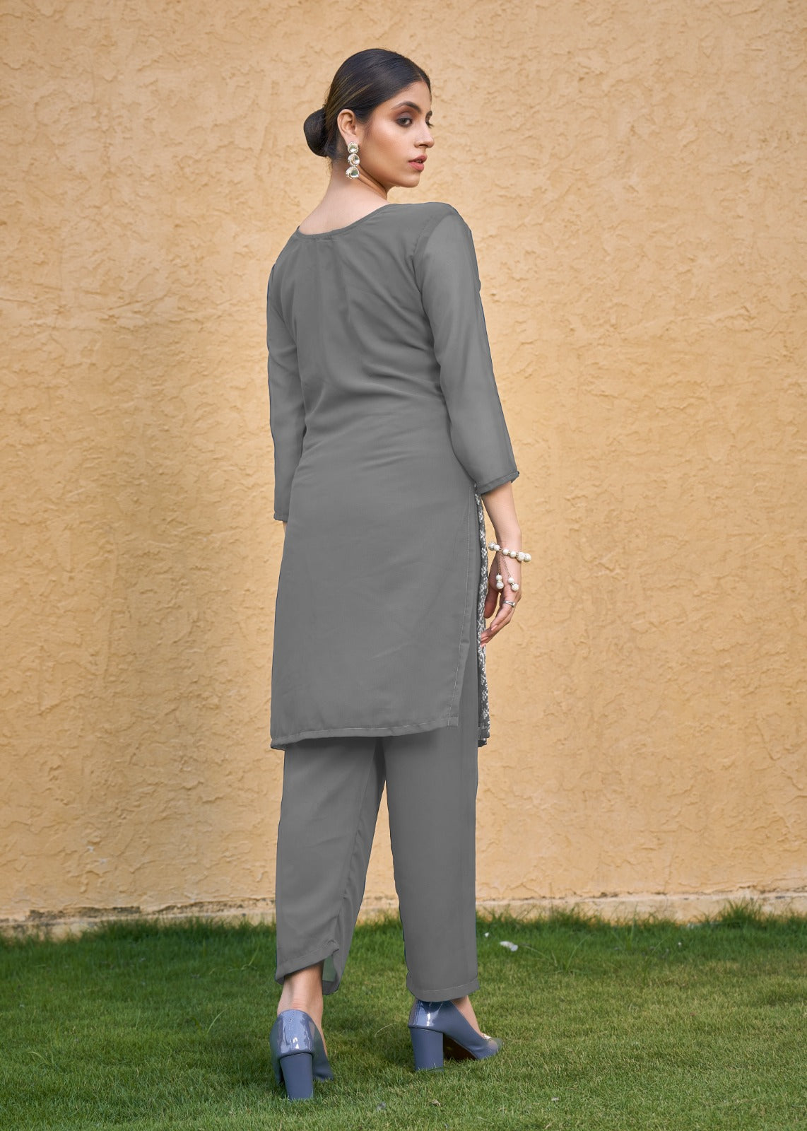 Jyoti Fashion Women's Grey Faux Georgette Chikan Embroidery Designer Kurta with Bottom