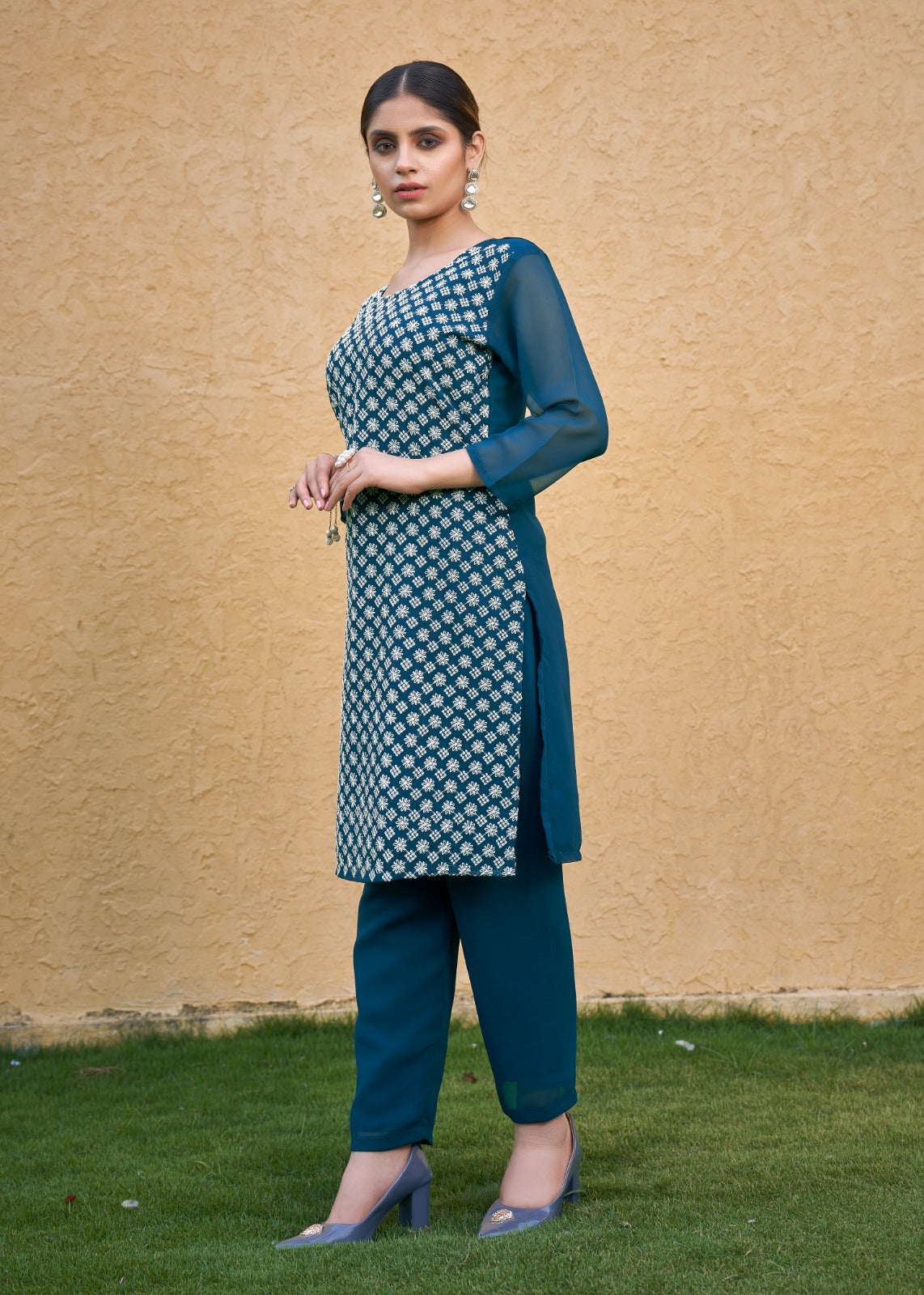 Morpich Faux Georgette Chikan Embroidery Kurta Set for Women