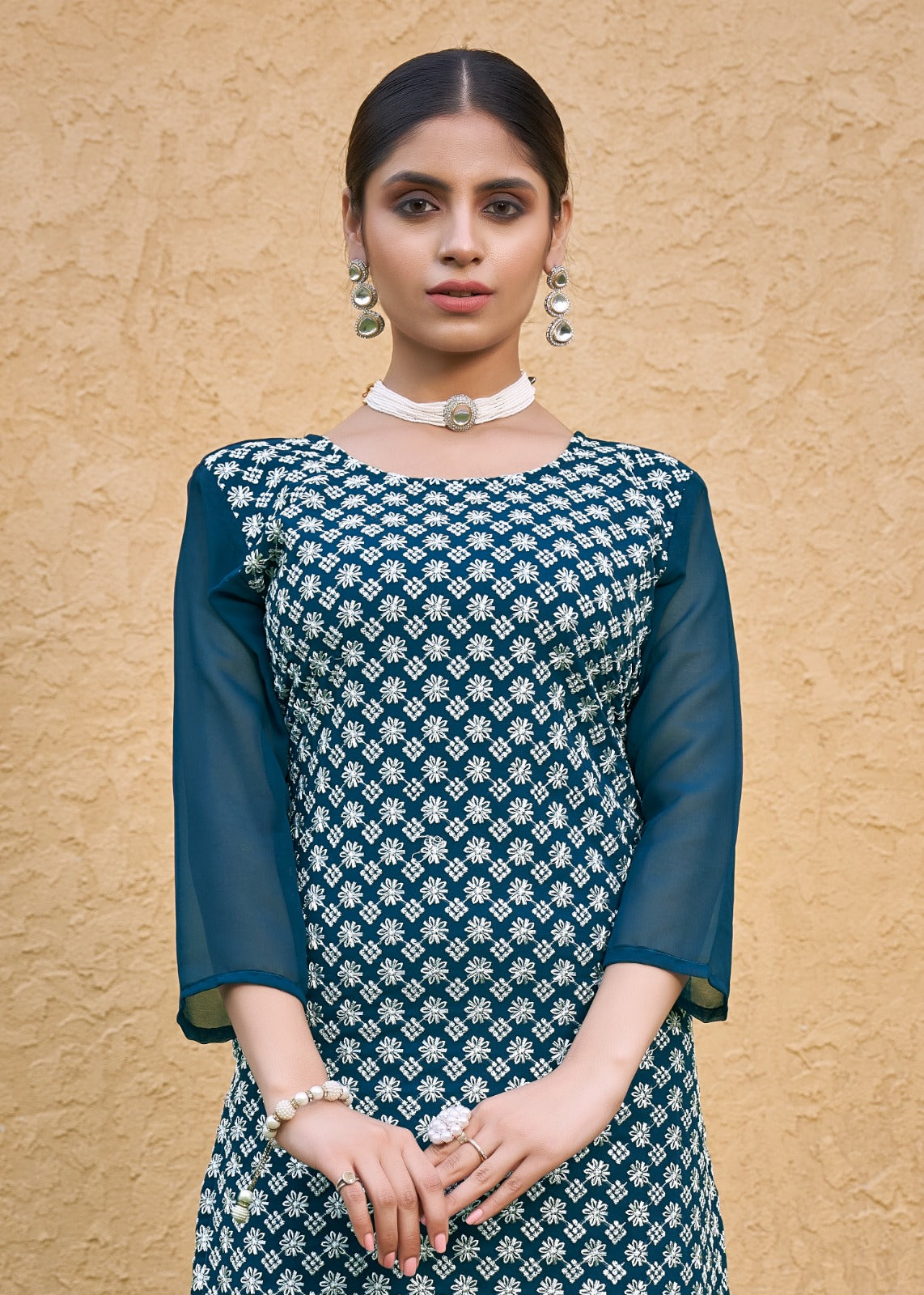 Morpich Faux Georgette Chikan Embroidery Kurta Set for Women