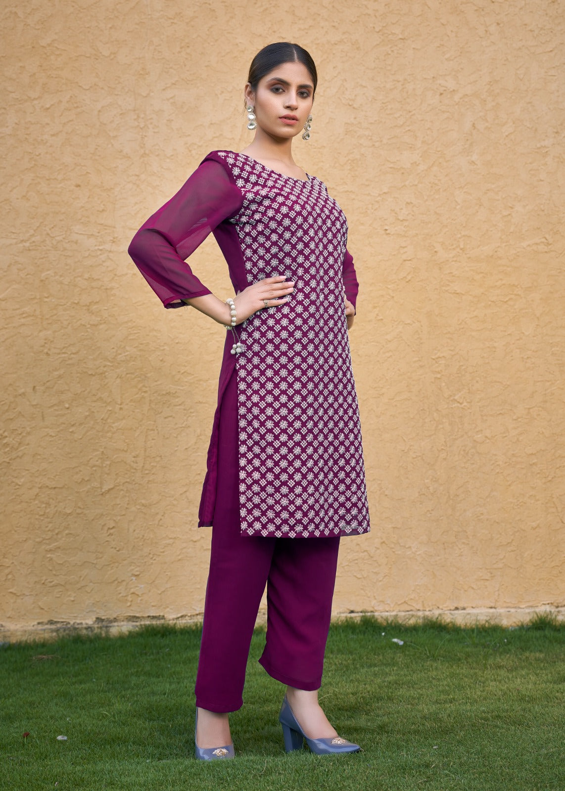 Jyoti Fashion Women's Wine Faux Georgette Chikan Embroidery Designer Kurta with Bottom