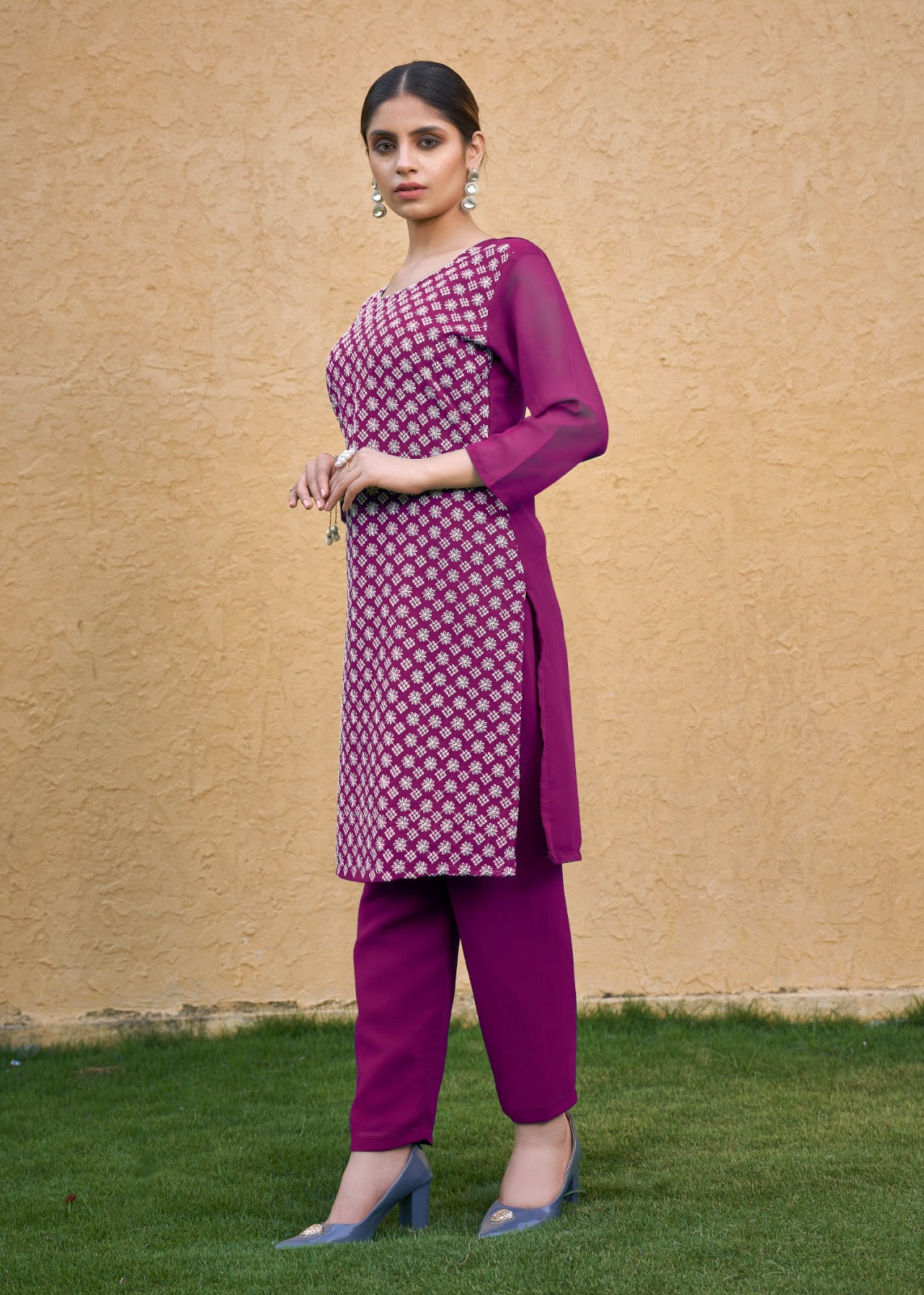 Jyoti Fashion Women's Wine Faux Georgette Chikan Embroidery Designer Kurta with Bottom