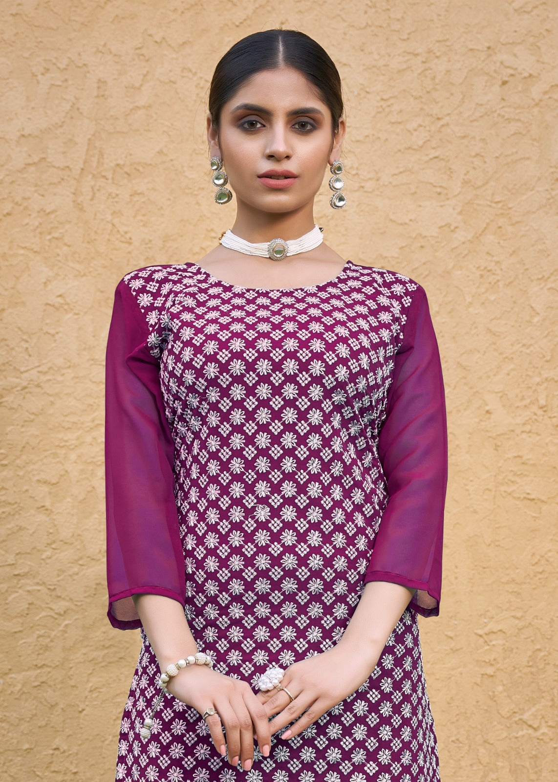 Jyoti Fashion Women's Wine Faux Georgette Chikan Embroidery Designer Kurta with Bottom