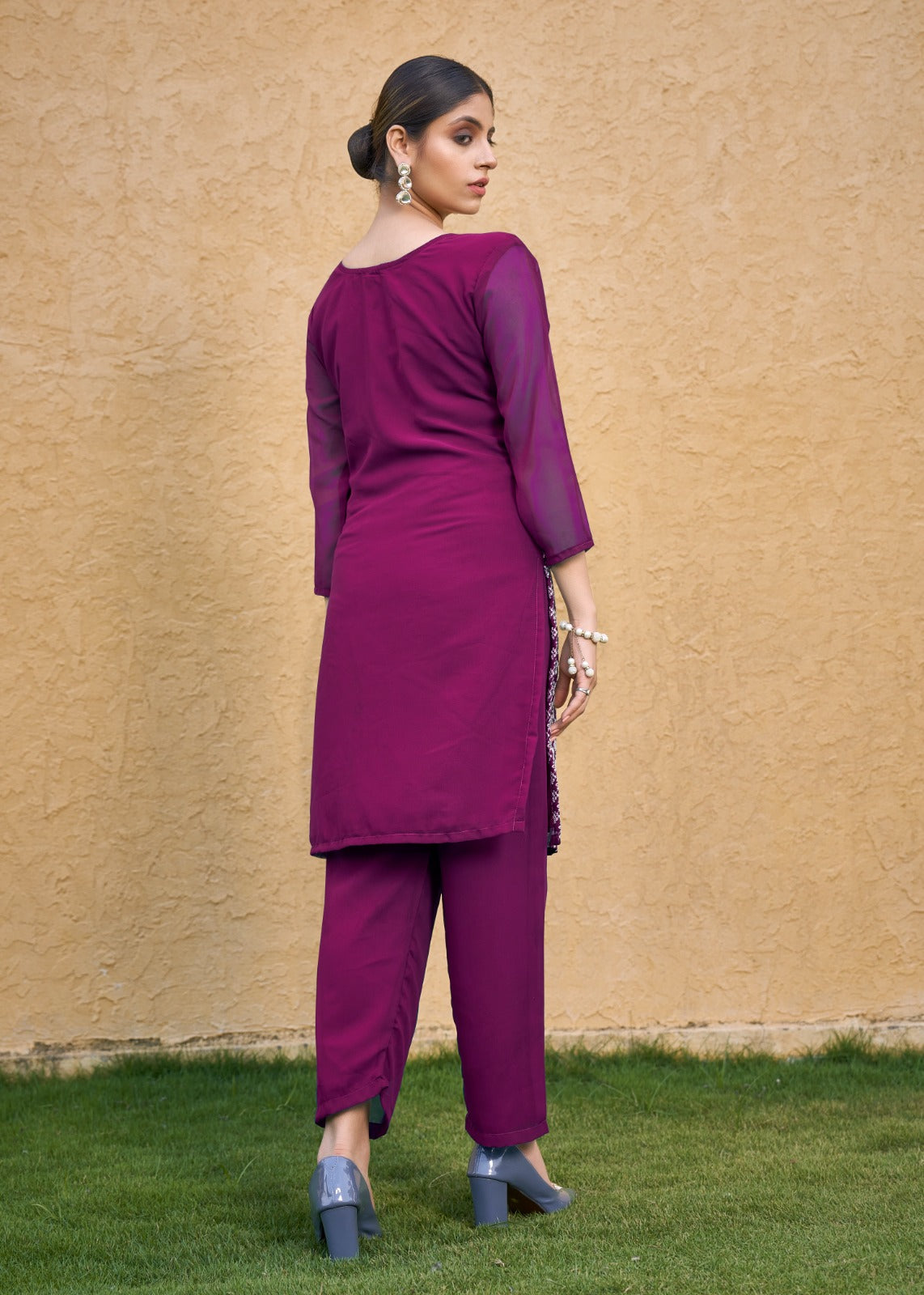 Jyoti Fashion Women's Wine Faux Georgette Chikan Embroidery Designer Kurta with Bottom