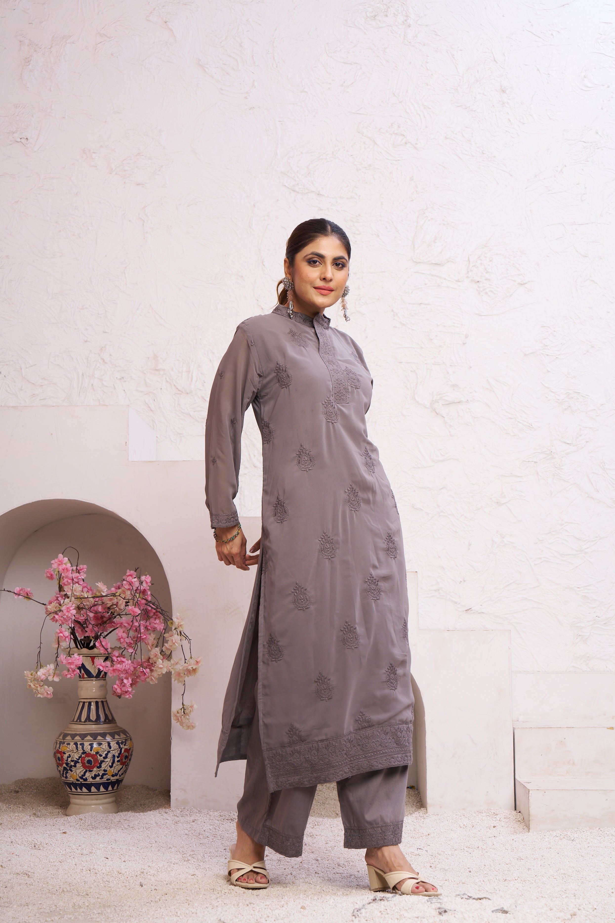 Jyoti Fashion Women's Grey Faux Georgette Embroidered Designer Kurta with Bottom