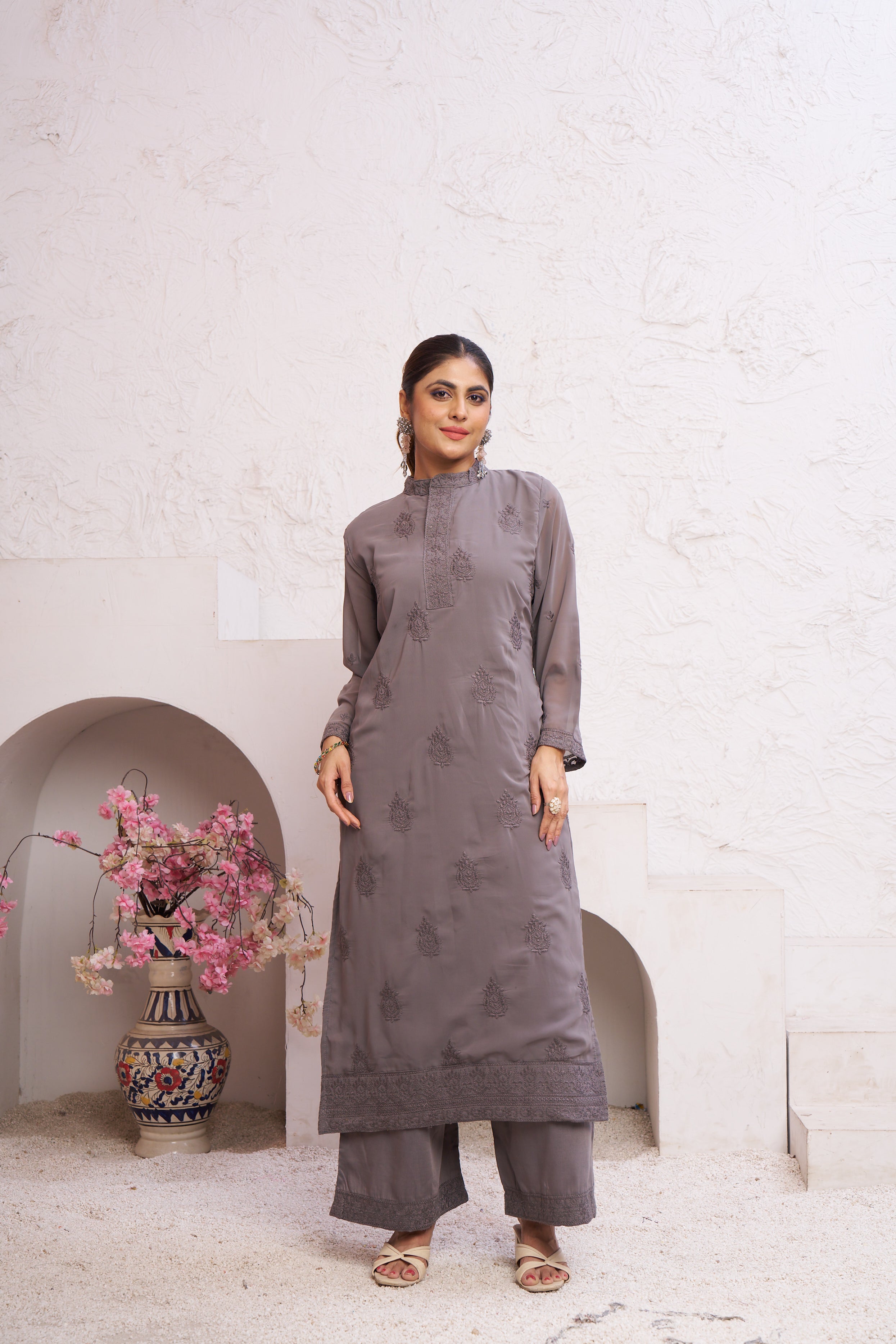 Jyoti Fashion Women's Grey Faux Georgette Embroidered Designer Kurta with Bottom