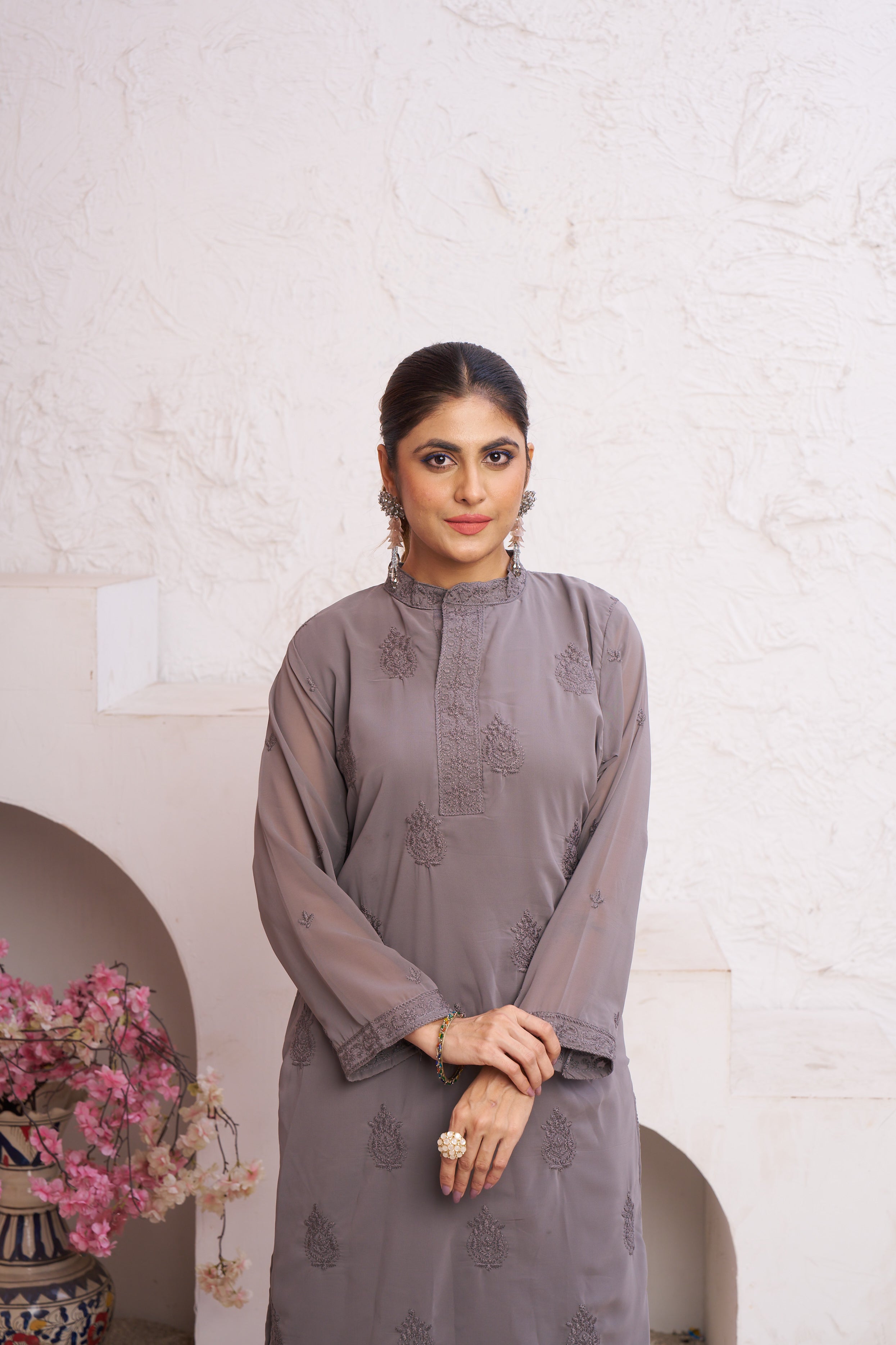 Jyoti Fashion Women's Grey Faux Georgette Embroidered Designer Kurta with Bottom