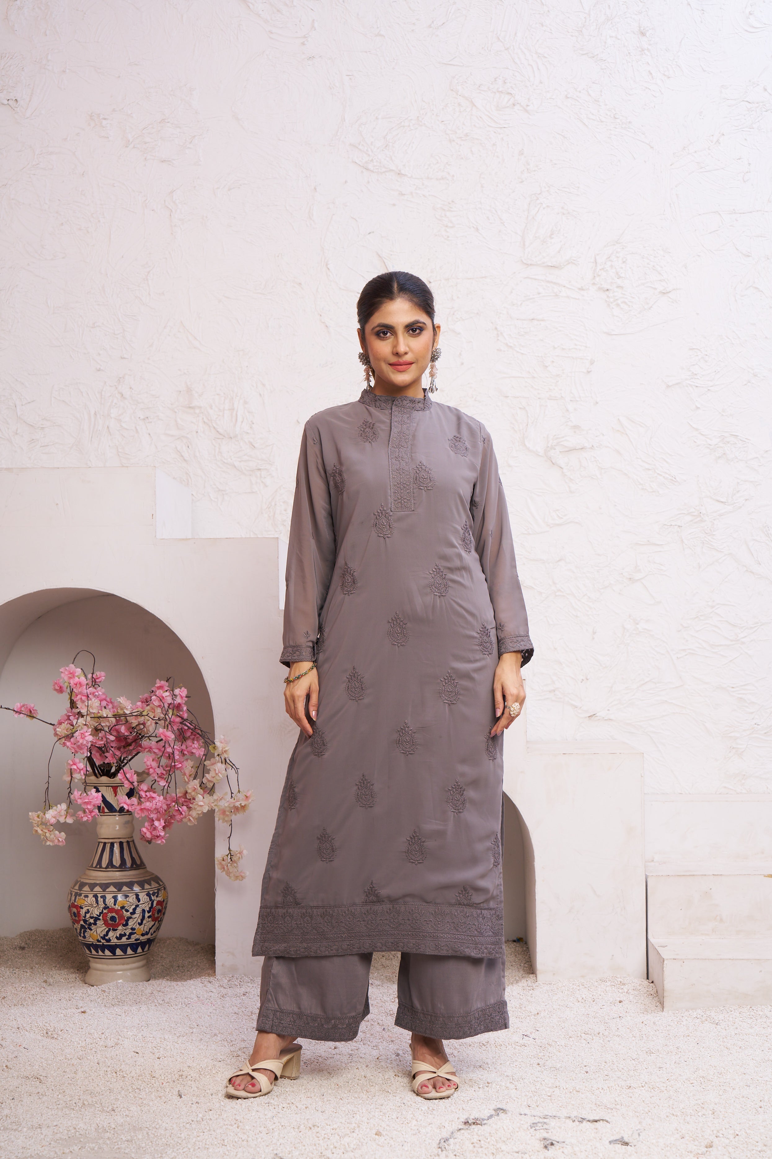Jyoti Fashion Women's Grey Faux Georgette Embroidered Designer Kurta with Bottom
