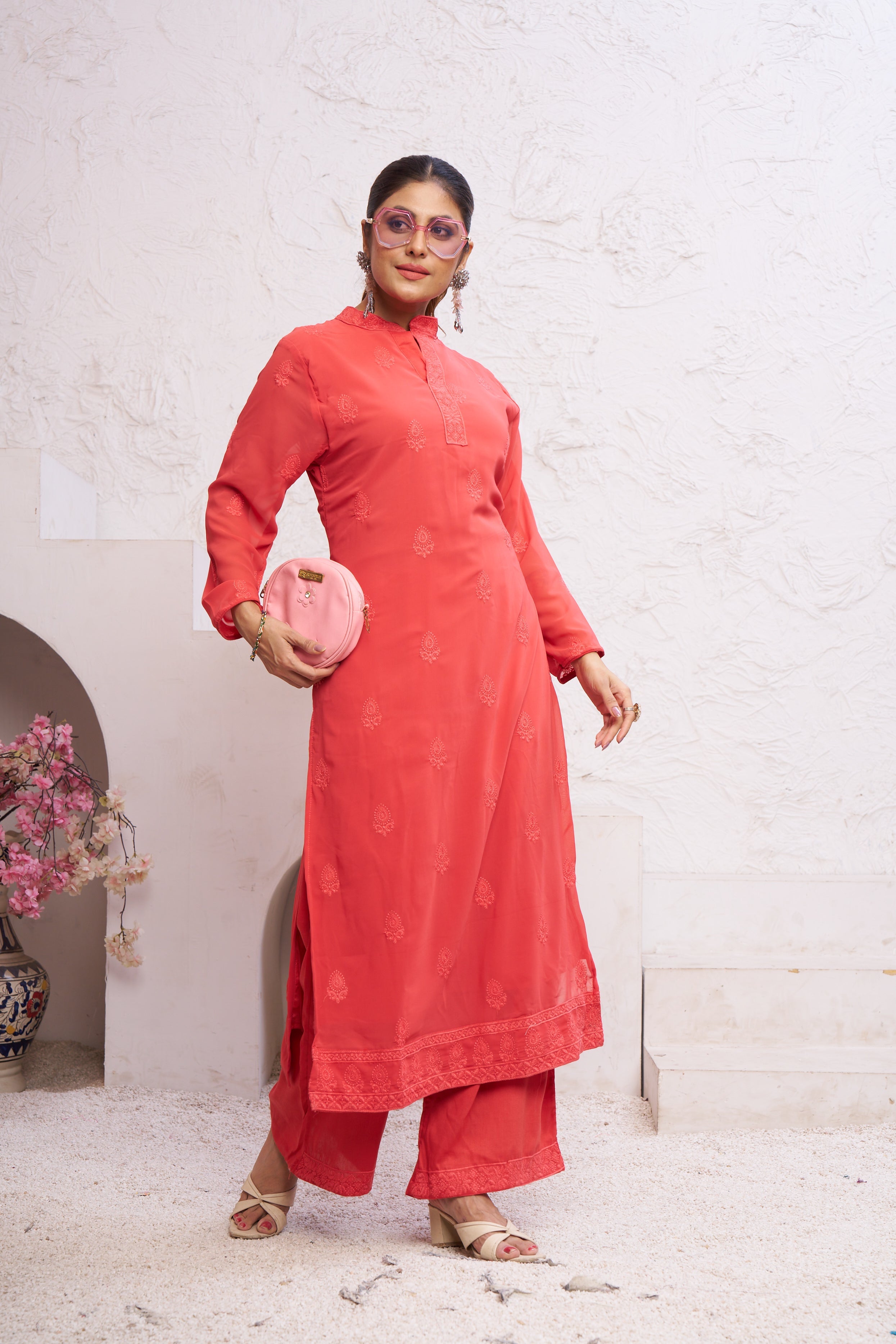 Women's Orange Faux Georgette Embroidered A-Line Kurta Set
