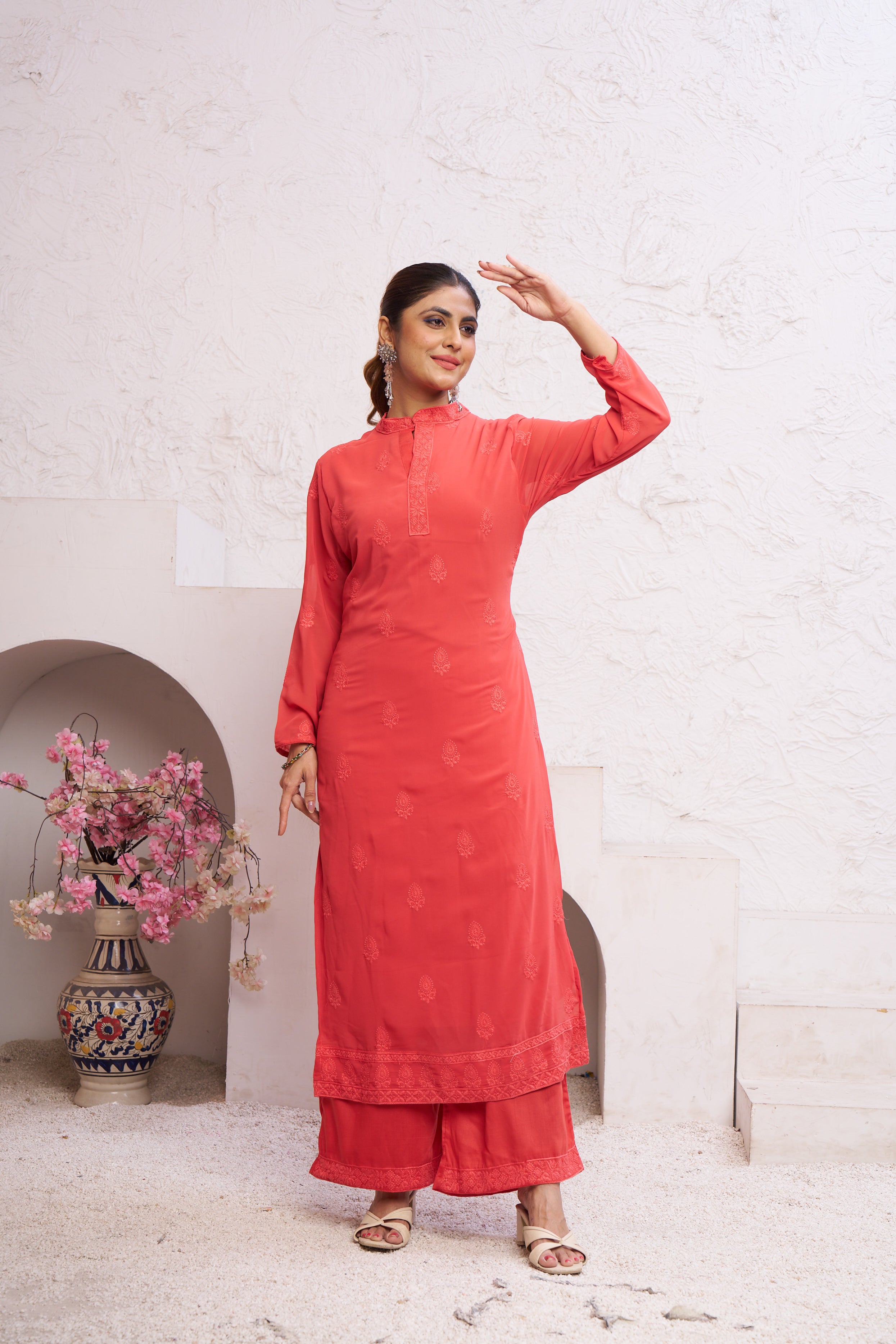 Women's Orange Faux Georgette Embroidered A-Line Kurta Set