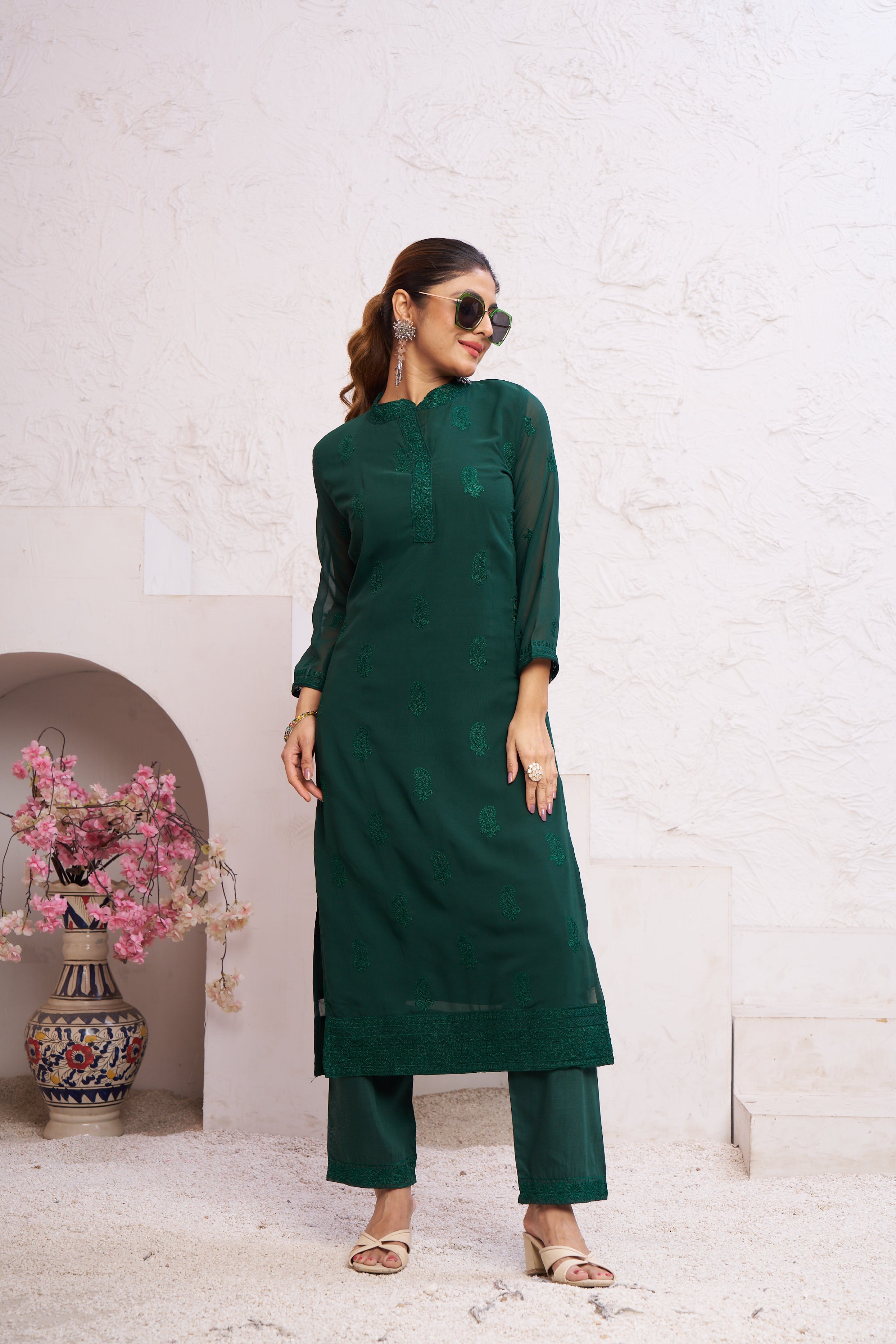 Jyoti Fashion Women's Bottle Green Faux Georgette Embroidered Designer Kurta with Bottom