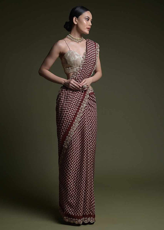 Wine Chinon Saree with Coding Sequence Work and Blouse