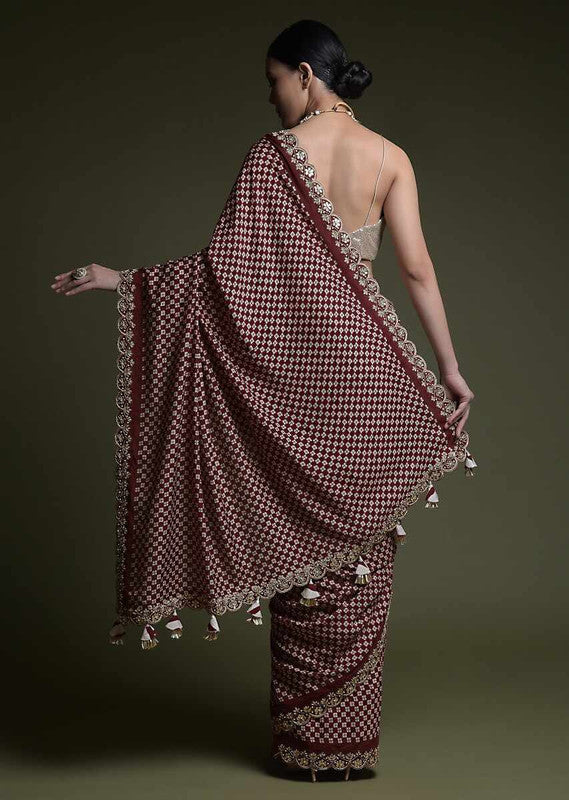 Wine Chinon Saree with Coding Sequence Work and Blouse