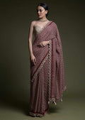 Luxurious wine chinon saree with sequence coding work and matching blouse