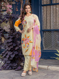 Cream-colored cotton blend printed kurta set with matching dupatta
