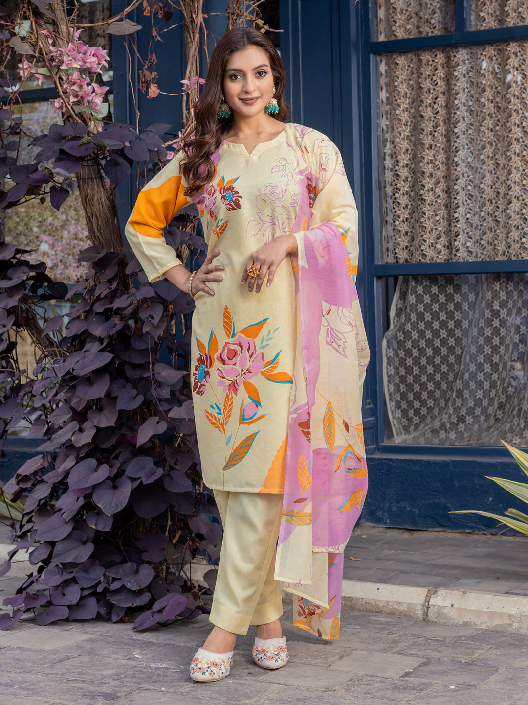 Cream-colored cotton blend printed kurta set with matching dupatta