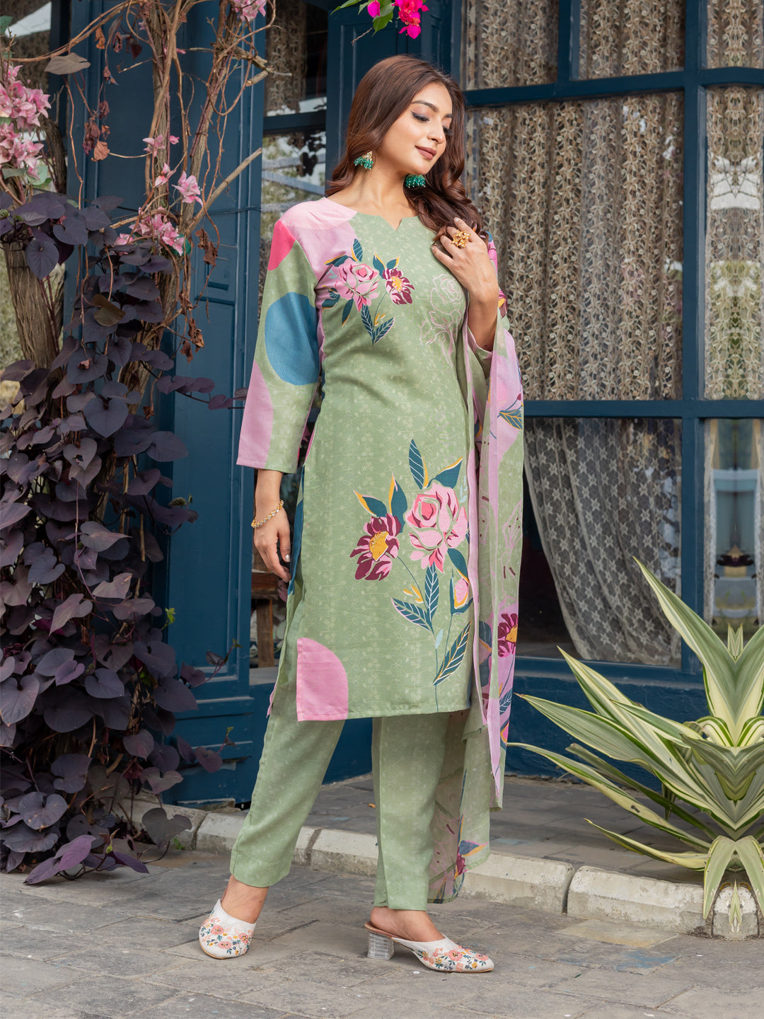 Women's Mehendi Cotton Blend Printed Kurta Set with Dupatta