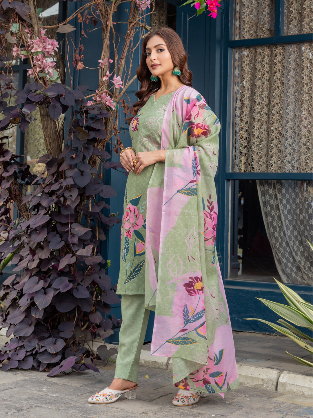 Women's Mehendi Cotton Blend Printed Kurta Set with Dupatta