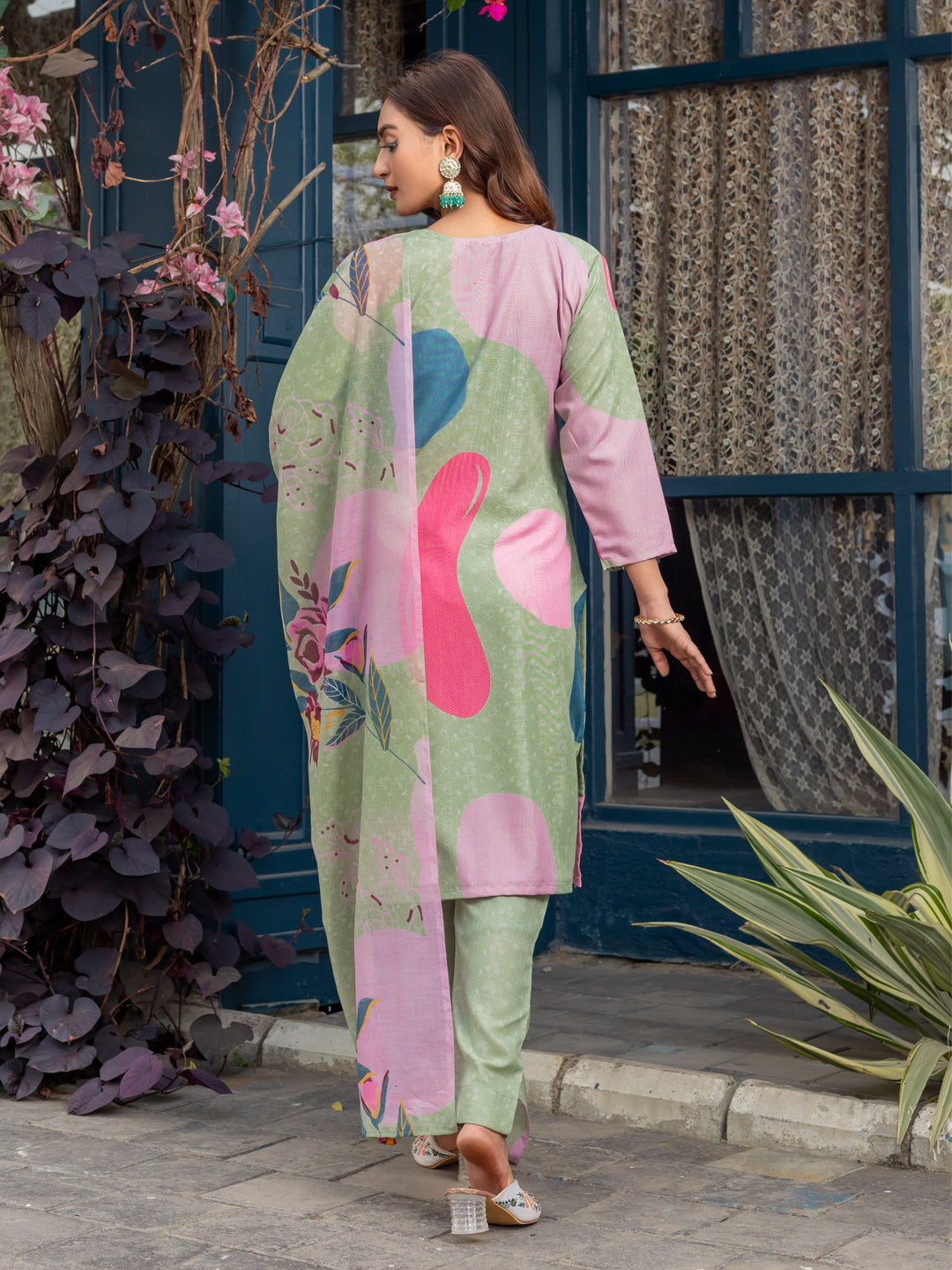 Women's Mehendi Cotton Blend Printed Kurta Set with Dupatta