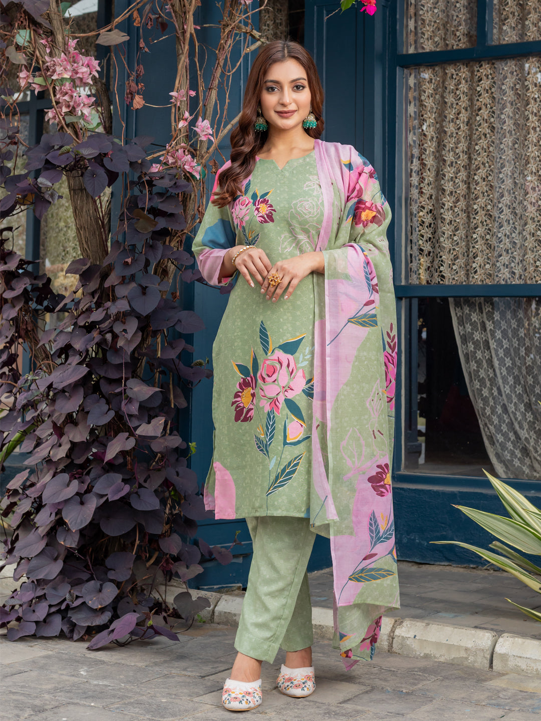 Mehendi-green, pink, and teal floral print cotton blend kurta set with dupatta