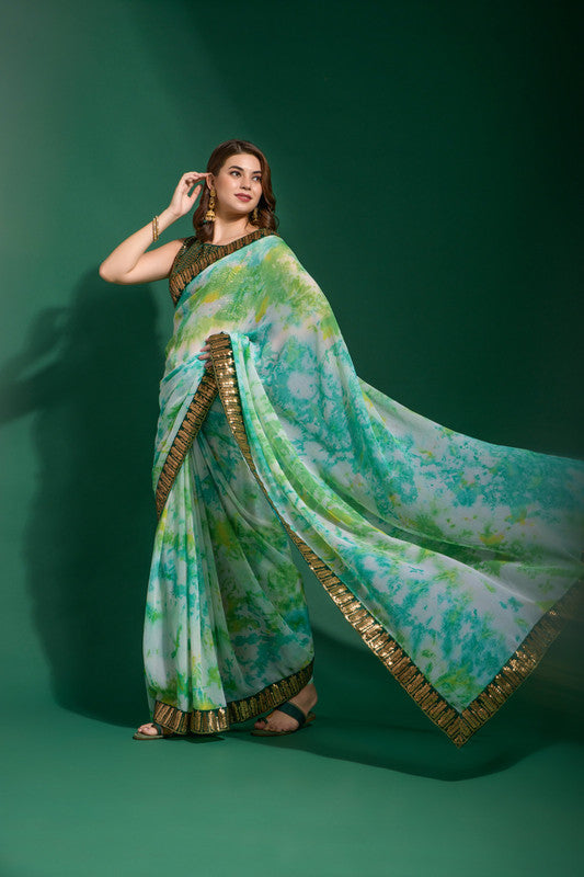 Sea Green Chiffon Saree with Delicate Sequence Embroidery and Blouse